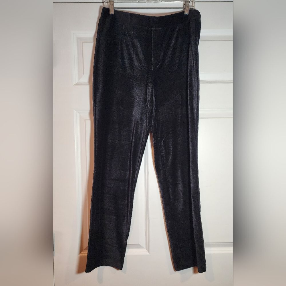 Nina Leonard Soft Black Ribbed Velour Pull On Straight Leg Pants L